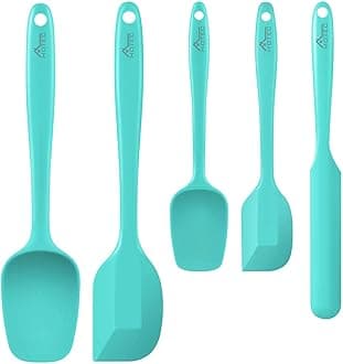 HOTEC 600℉ Heat Resistant BPA-Free Silicone Rubber Spatula Set,Kitchen Cooking Spatulas, Baking, Mixing for Non Stick Cookware, Dishwasher Safe, Set of 5 Aqua Sky