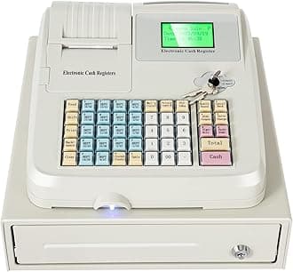 Small Business Cash Register 48 Keys Electronic Cash Registers for Small Businesses Pos System with Flat Keyboard and Thermal Printer 8-Digital LED Display for Retail Shop