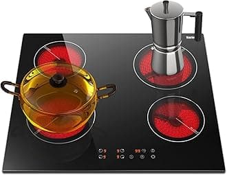 Drop-in 4 Burner Electric Cooktop 24 Inch Radiant Cooktop, Electric Stove Top with Residual Heat Indicator, Child Safety Lock, Timer, 220-240V, 6000W, Hard Wire(No Plug)