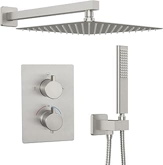 Iriber Thermostatic Shower System Wall Mount with 12 Inch Rainfall Shower Head and Handheld Bathroom Shower Set Contain Shower Faucet Mixer Valve Trim Kit (Valve Included),Brushed Nickel