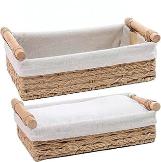 Westhood 2-Pack Rectangle Woven Home Storage Baskets with Washable Liner, Paper Rope Storage Baskets Straw Rattan Basket for Organizing with Handle, Cosmetic Storage Box (Rectangle)