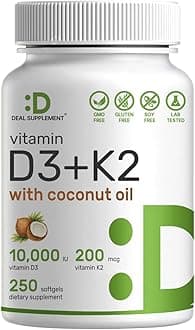 Vitamin D3 10,000 IU + K2 MK7 200 mcg, Infused with Virgin Coconut Oil, 250 Softgels, Double Strength Vitamin D & K, Promotes Heart, Bone & Teeth Health - Very Easy to Swallow