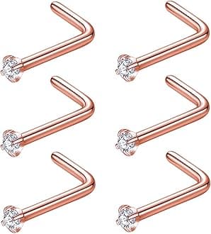 316L Surgical Steel 22g/20g/18g Nose Rings Studs L-Shape Nose Nostrial Piercing Body Jewerly L Shaped Nose Studs 1.5mm 2mm 2.5mm 3mm CZ Nose Screw Studs Rings for Women