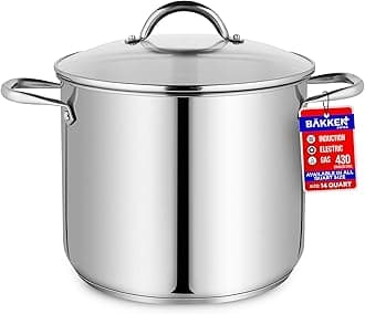 Stainless Steel Stockpot with Tempered Glass Lid 14 Quart, Durable 18/0 Stainless Steel, Impact-Bonded Base for Even Heating, Riveted Handles, Oven & All Stove Compatible, Safe Up To 500°F (260°C)