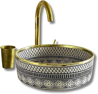 MIRATILE Handmade Ceramic Basin Sink, Handwash Countertop Vanity Basin, Farmhouse Bathroom Basin, Sink Bowl with Brass Rim Edge, Hand Painted Wash Basin Sink (14"= 35cm, Black)