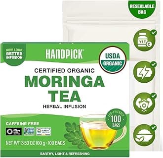 Organic Moringa Tea Bags (100 Count), Pure Moringa Leaves | Authentic Indian Origin | Caffeine Free, Non GMO | Round Eco-conscious Teabags