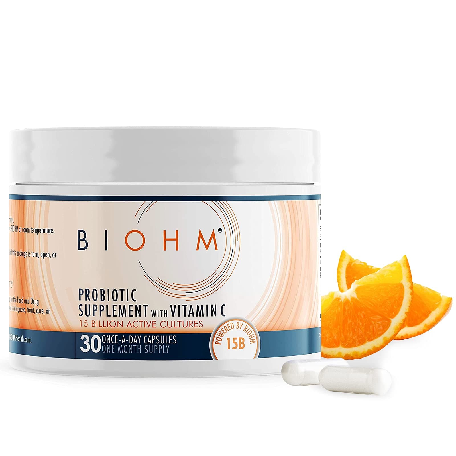 BIOHM 15B Probiotics Plus Vitamin C for Immune Support - 30 Capsules - Vitamin C Strengthens Your Immune System While Probiotics Supports Digestive Health and Immune Function - Vegan, Non-GMO