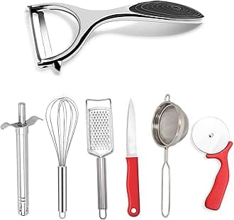 Panchhi Store Stainless Steel Peelers with Sharp Blades for Vegetables and Fruits with Steel Strainer Knife Gas Lighter Stainless Steel Slicer Whisk and Pizza Cutter for Kitchen Tools Use