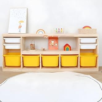 LITFAD Wooden Closed Back Kids Bookshelf Freestanding Bookcase Modern Display Cabinet Shelf with Drawers Children Toy Storage Cabinet for Bedroom, Living Room - 77" L x 12" W x 30" H Yellow