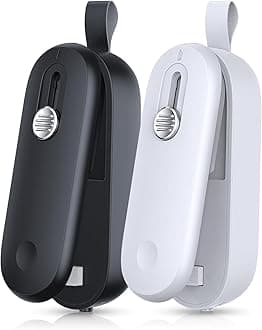 FEPPO Mini Bag Sealer 2-Pack, 2 in 1 Handheld Chip Bag Sealer Heat Seal and Cutter with Lanyard, Portable Resealer Machine for Plastic Bag Food Storage Snacks, Black/White (Batteries Included)