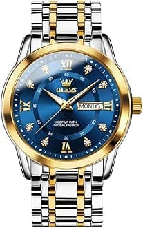 Men's Watch Luxury Business Dress Watch UK Diamond Design Quartz Stainless Steel Waterproof Luminous Week Calendar Gift