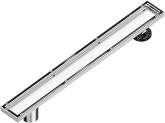 32-Inch Offset Linear Shower Drain with Tile Insert Grate Cover, Brushed 304 Stainless Steel Rectangle Side Outlet Shower Floor Drain, Adjustable Leveling Foot, Hair Strainer/Catcher