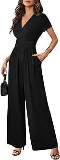 Women Dressy Casual Jumpsuits Elegant High Waist Side Ruched Romper Summer Short Sleeves Wide Leg Pants