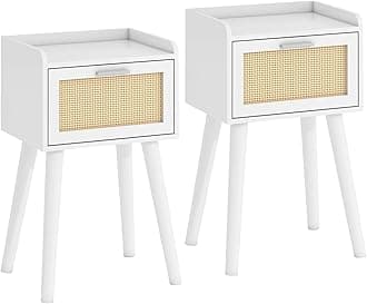 LAATOOREE Nightstand Set of 2, Small White Bedside Table, End Table with Rattan Door, Boho Side Table with Solid Wood Legs for Bedroom Living Room Small Space