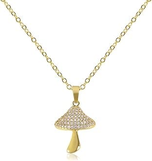 Gold Pendant Necklace for Women 14K Gold Plated Flower Mushroom Hummingbird Airplane North Star Charm Necklace with CZ Adjustable Chain Simple Statement Necklace Trendy Jewelry Gift for Women Men