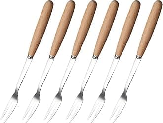 6 Pcs Wooden Handle Stainless Steel Two Prong Forks Fruit Cake Appetizer Forks