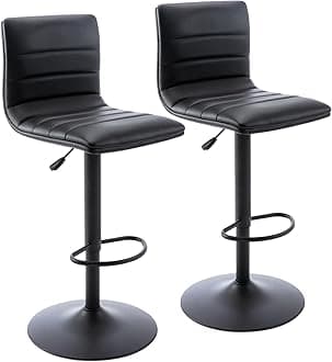 Vogue Furniture Direct PU Leather Bar Stools, Modern Square Adjustable Swivel Barstools with Back, Armless Airlift Counter Height Bar Chairs for Kitchen Dining Set of 2 (Black, Black Base)