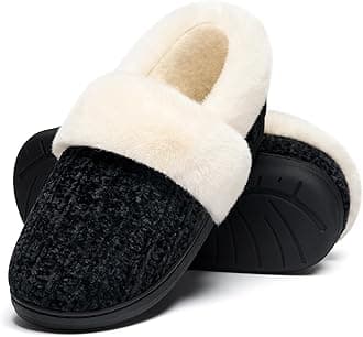 Women's Fuzzy Memory Foam Slippers, Closed Back Knit Bedroom Slippers, Slip-On Warm House Shoes for Indoor & Outdoor Comfort