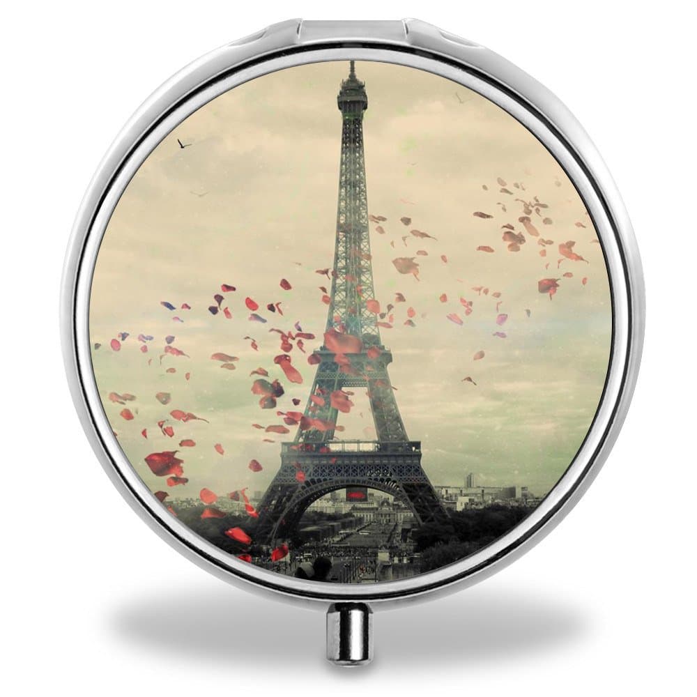 ONSPACE Portable 3 Slots Medicine Box, Round Compartment Unique Design Silver Metal Pill Box for Pocket/Purse/Travel Medicine Case, Small Vitamin Box-Eiffel Tower