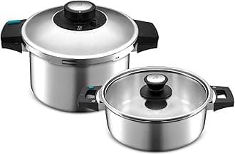 Karaca Quick & Safe 2-Piece Stainless Steel Pressure Cooker Set, 4L+6L, Induction Multi Cooker Pot, 2 Cooking Programs, Dishwasher Safe, All Hob Types, Silver (Small & Large)