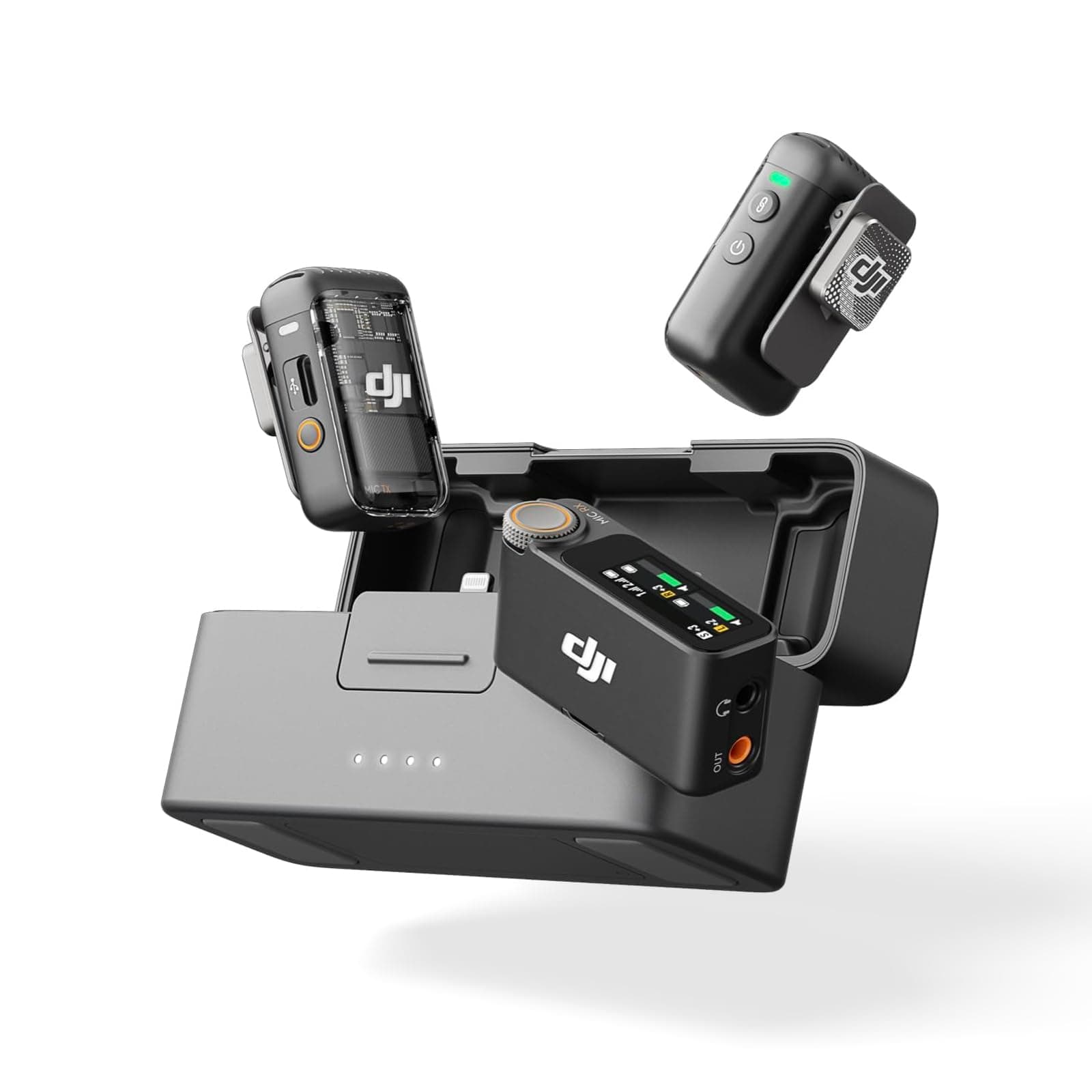 Mic 2 (Transmitter x 2 + Receiver x 1 + Charging Case), All-in-One Wireless Microphone, Smart Noise Cancelling, 32-bit Float Recording, Transmission Distance, 250 m, iPhone Microphone, Camera Compatible, Android Microphone