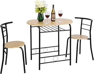 VINGLI 3 Piece Dining Set,Small Kitchen Table Set for 2,Breakfast Table Set for 2,Kitchen Wooden Table and 2 Chairs for Small Space/Dining Room/Apartment,Metal Frame,Wine Rack,Black&Natural