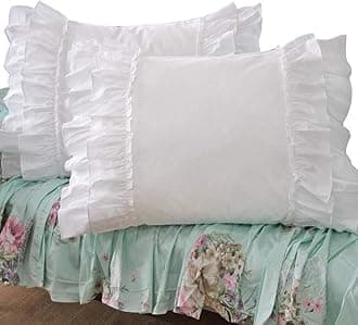 Queen’s House White Ruffle Pillow Shams Set of 2 Cotton Shabby Pillowcases Feminine Pillow Cover King Size