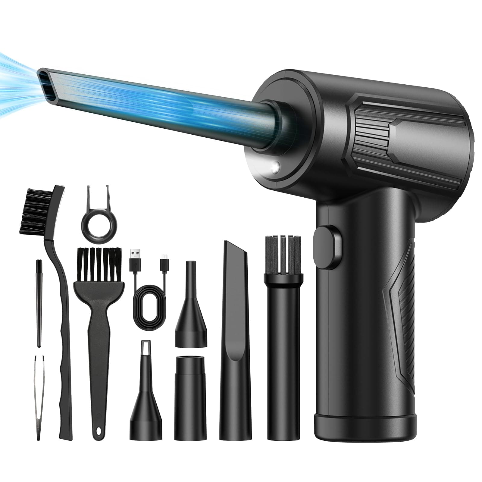 11-in-1 Compressed Air Duster-3-Gear Adjustable 120000 RPM Electric Air Duster with LED Light, Reusable no Canned Keyboard Cleaner for Office, 9000mAh Cordless Air Duster for Computer/Car/Home (Black)