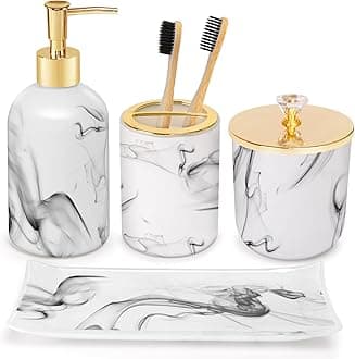 Haturi Bathroom Accessories Set, 5 Pcs Marble Look Sets Soap Dispenser & Toothbrush Holder Counter Top Restroom Apartment Decor Stuff, Resin Kits, Gift for Women and Men, Ink White