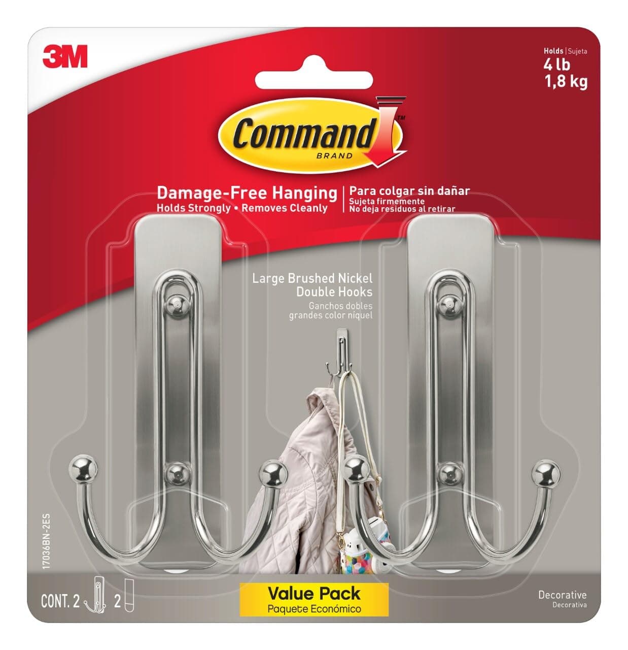 Command Large Brushed Nickel Double Hooks, 2 Hooks and 2 Strips, Damage Free Hanging Wall Hooks with Adhesive Strips, No Tools Coat Hooks for Hanging Home Decor, Holds up to 4 lb