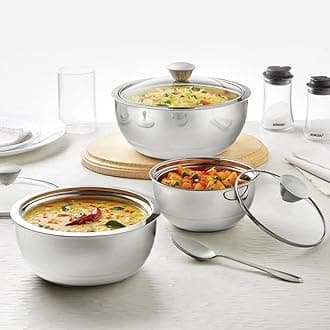 SFSET3CS10 Stainless Steel Insulated Curry Server Bowls, Set of 3 (500ml + 900ml + 1.5L) Silver