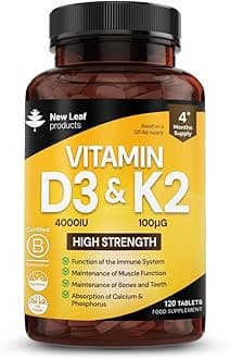 Vitamin D3 K2 - Vitamin D3 4000iu & Vitamin K2 100ug (MK7) 4 Months Supply, Supports Immunity, Calcium Absorption and Bone Health, Non-GMO, UK Made by New Leaf 120 Micro Small Vegetarian Tablets,