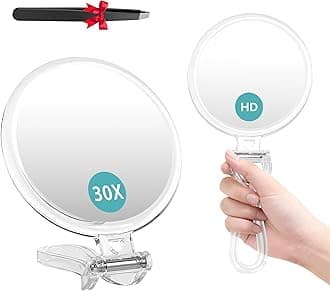 Auxmir 1X/30X Magnifying Mirror for Travel with Handle, Double Sided with 1X/30X Magnification and Tweezers, Foldable Portable Handheld Magnifying Mirror for Makeup, Shaving, Travel