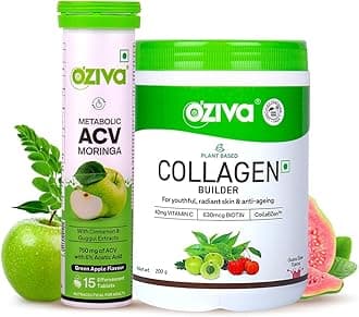 OZiva Vegan Collagen (Guava Glow) With Biotin & Vitamin C For Brighter & Youthful Skin 250 G And Acv For Weight Loss|3-In-1 Fat Oxidation,15 Effervescent Tablets (Green Apple)