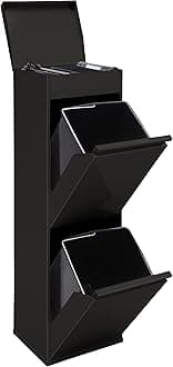 Top CR226-B Recycled Steel Waste Bin with Storage Box with Lid, Waste Separation System with 2 Removable Plastic Inner Bins with Handle, 2 x 17 L (34 L), Black