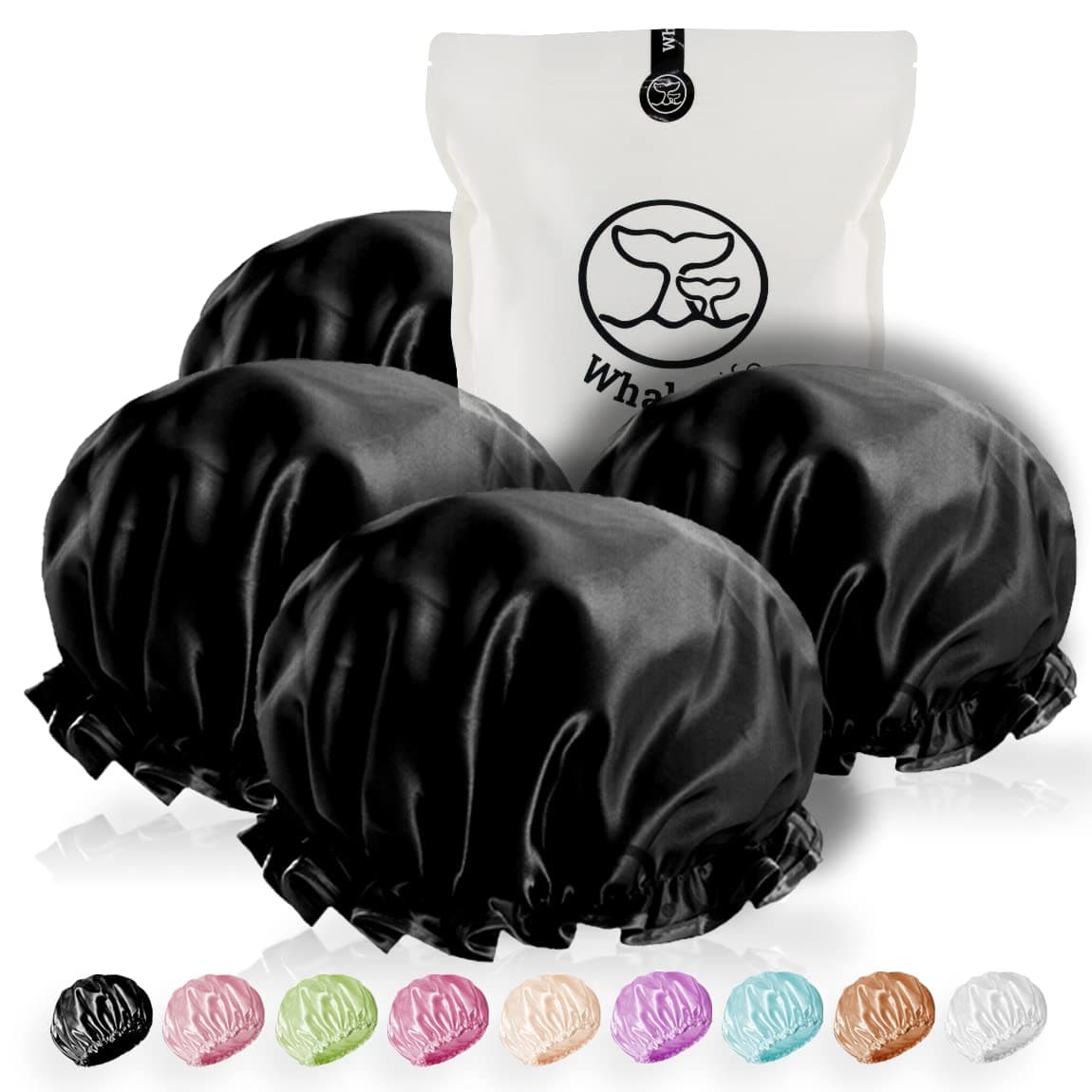 WhaleLife Shower Cap - Black Double-Layer Waterproof Reusable Satin-Lined for Women Men | Fits Thick Hair | Home Spa Travel 4 Pack