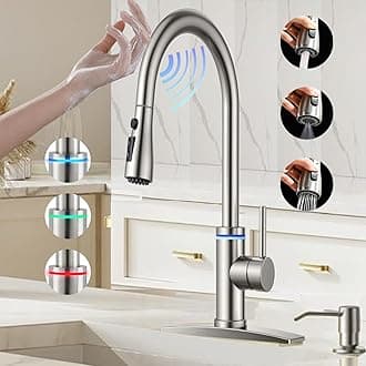 Touch On Kitchen Faucet, 3 Modes Pull Down Sprayer, Touch On Sensor Activated, LED Temperature Control, 360-Degree Rotation,1 or 3 Hole Deck Plate. 10-Year Warranty.(Brushed Nickel, KW-70SN)