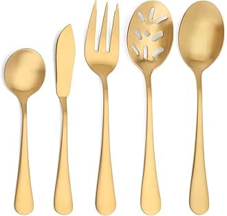 Matte Gold Serving Set，SHARECOOK 5-Piece 18/0 Stainless Steel Large Hostess Set with Round Edge, Satin Finished, Dishwasher Safe -Spoons, Forks,Butter Knife& Slotted Spoon