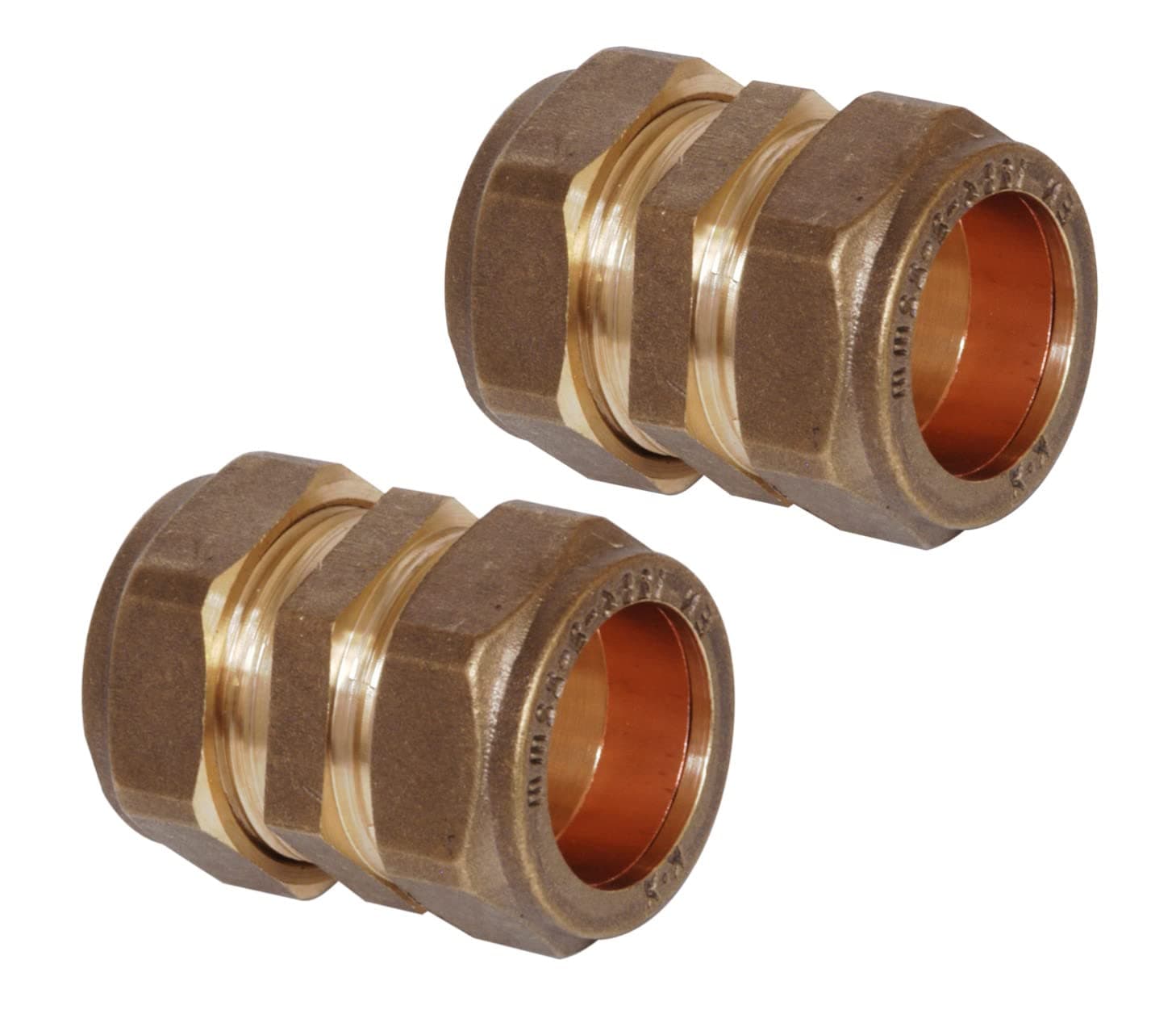 Pipestation 15mm Compression Straight Connectors (2 Pack) | Brass Plated Compression Joint Plumbing Fittings for Copper Plumbing Pipe Connectors | Compressions Plumbers Pipe Fitting - Easy Install