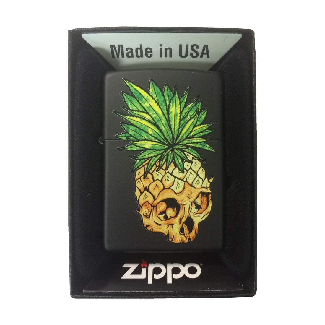Zippo Custom Lighter - Pineapple Skull Leaf Fire Eyes Punk Fruit Design - Black Matte