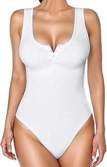 Popilush Bodysuits for Women Henley Going Out Shirts Tops Button Down Tummy Control White Body Suit Ribbed Sleeveless Thong Tank Top Outfits