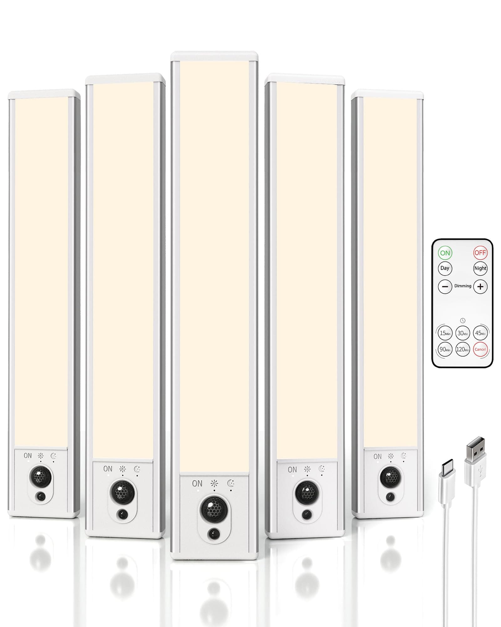 EZVALO Under Cabinet Lights, LED Closet Lights, Wireless USB Charging, Motion Sensor Lighting, Indoor 3500 K, Dimmable with Remote Control (Warm), Pack of 5