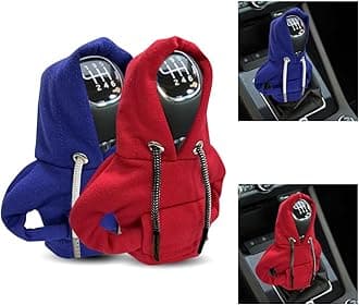 2PCS Car Gear Shift Cover, Winter Warm Fashionable Hoodie Car Shift Knob, Auto Decor Interior Accessories Shift Knob for Car, SUV, Truck (Red&Blue)