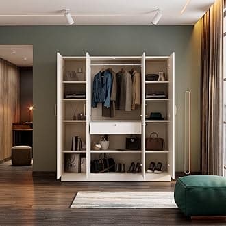 Wakefit Wardrobe | 1 Year Warranty | Engineered Wood Almirah, Cupboard for Clothes Storage | 4 Door, Mirror, 1 Drawer, 1 Hanging Space | Gingham - Frosty White