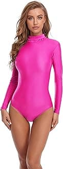 Women Turtleneck Long Sleeve Bodysuit, Adult Stretchy Leotards Tops with Zipper Closure Soft Jumpsuit for Gymnastics