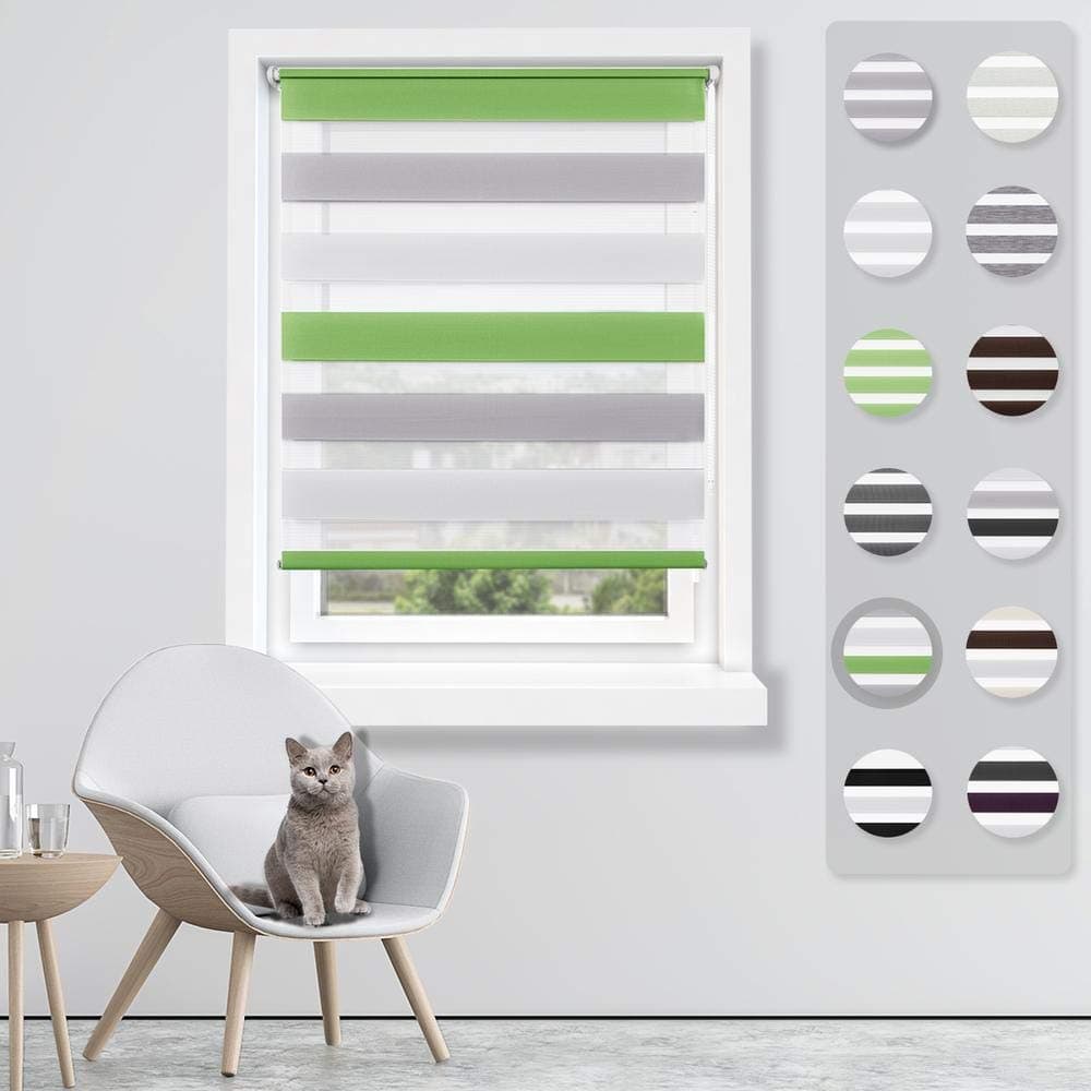 SBARTAR Zebra Double Roller Blinds, 60 x 150 Green-White-Grey Day Night Double Layer Roller Shades Filtering with Side Chain Easy Assembled without Drilling for Window
