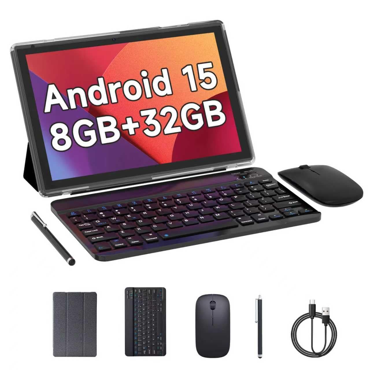 Android 15 Tablet, 10 Inch 8GB RAM+32GB ROM+1TB Expand, 1.8Ghz Quad-core Processor, 2 in 1 Tablets with Keyboard/ Mouse/ Case/ Stylus, 8MP Camera, 6000mAh Battery, 1280*800 HD Screen, 5G WiFi 6 Tablet