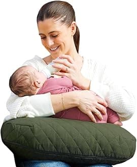 Nursing Pillow with Luxe Fabric Cover, Quilted Moss, Larger, More Supportive Pillow for Breastfeeding and Bottle Feeding; Firmer and Higher Than Original, w/Premium Cover; JPMA Certified