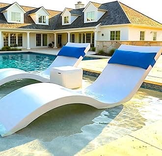 Classic White-Blue - in-Pool Chaise Set – Includes Two Chaises, Two Headrest Pillows, and One Poolside Table – for Ledges Up to 9” - Aqua Outdoors