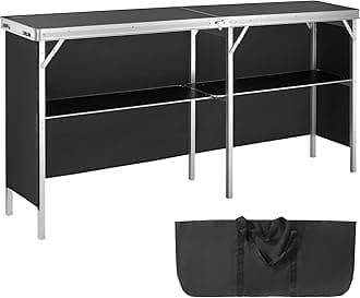 VEVOR Extra Long Folding Portable Bar Tradeshow Podium Table for Indoor, Outdoor, Party, Picnic, Exhibition, Includes Carrying Case, Storage Shelf and Black Skirt, 77.95" x 15.16" x 34.65"